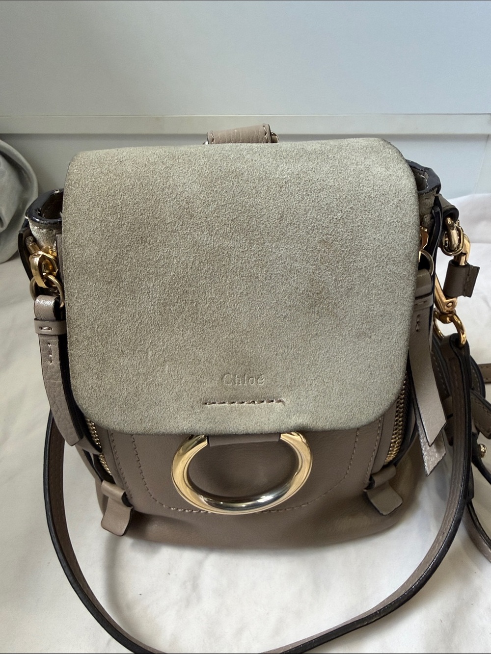 Small Taupe Leather & Suede Backpack Shoulder Bag